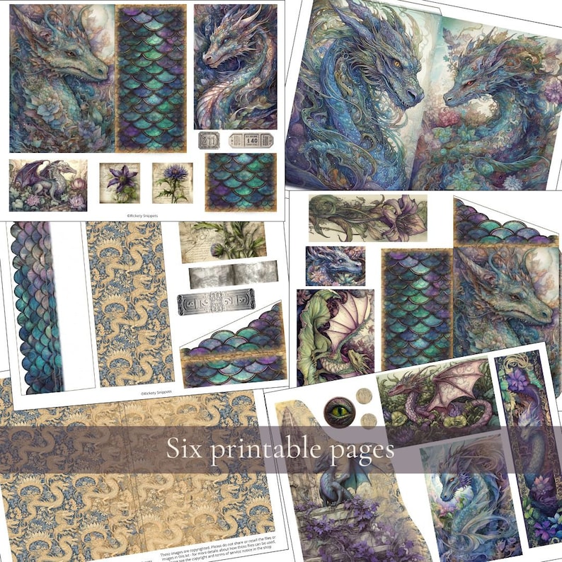May include: Six printable pages featuring a blue and green dragon with intricate details. The pages include a variety of designs, including scales, flowers, and a dragon's eye. The text "Six printable pages" is displayed at the bottom of the image.