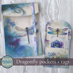 Dragonfly junk journal kit, digital pocket cards, dragonfly ephemera junk journal nature, junk journal pockets printable