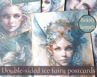 Double sided printable postcards, winter fairy junk journal digitals, vintage fairy prints, junk journal postcard, fairy ephemera digital