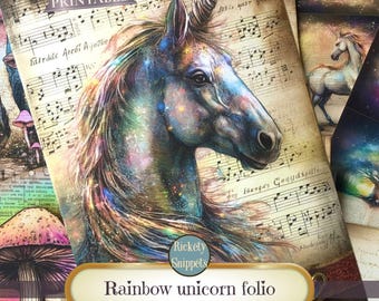 Printable unicorn folio kit | shabby junk journal with fantasy ephemera and grungy pockets | magical unicorns rainbows and mushrooms