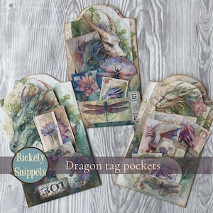 Dragon junk journal pocket tags, dragon scrapbook pockets, junk journal printables, junk journal kit, journal ephemera, fantasy scrapbook