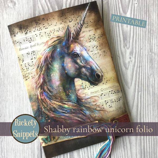 Printable unicorn folio kit | shabby junk journal with fantasy ephemera and grungy pockets | magical unicorns rainbows and mushrooms