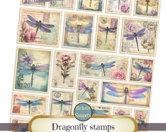 Dragonfly ephemera stamps digital download, dragonfly junk journal kit, junk journal embellishments scrapbook, dragonfly stamps, faux stamps