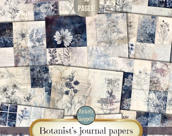 Botanists journal pages, blue ink drawings, botanical collage papers, junk journal printables