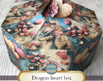 Dragon junk journal printables, DIY box printables, dragon box, dragon heart gift box digital template, gift box template, fantasy box