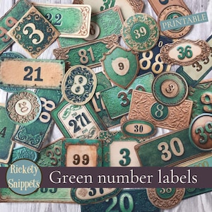 Vintage numbers, green ephemera for junk journals, digital vintage labels, printable numbers, vintage ephemera, green labels