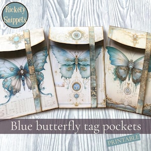 Butterfly junk journal pockets kit, envelope pocket with tags, blue fairy ephemera digital download, fantasy scrapbook printable collection