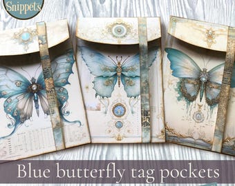 Butterfly junk journal pockets kit, envelope pocket with tags, blue fairy ephemera digital download, fantasy scrapbook printable collection