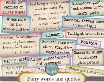 Fairy words and quotes, printable fairy ephemera words, digital junk journal words, fairy junk journal printables, color words printable