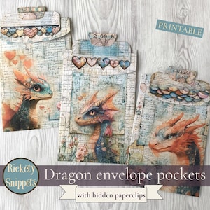 Dragon printable junk journal pockets kit, envelope pocket, dragon scrapbook envelopes for journaling with hidden paperclips journal closure