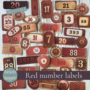 Printable numbers, red ephemera, junk journal labels, vintage numbers, digital vintage labels, vintage ephemera, vintage scrapbook labels
