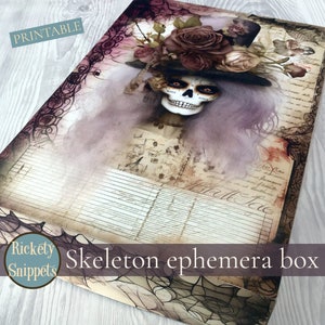 Skeleton printable box, ephemera boxes, scrapbook gothic box, paper craft gift box, Halloween box template, junk journal digital kit