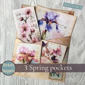 Spring pockets for junk journal, Spring flowers junk journal kit, cherry blossom junk journal pockets printable, junk journal printables