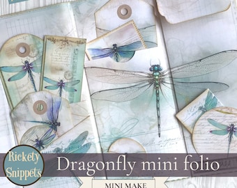 Dragonfly printable folio kit, dragonfly junk journal digital printable, mini junk journal kit, dragonfly craft, scrapbook folio, mini folio