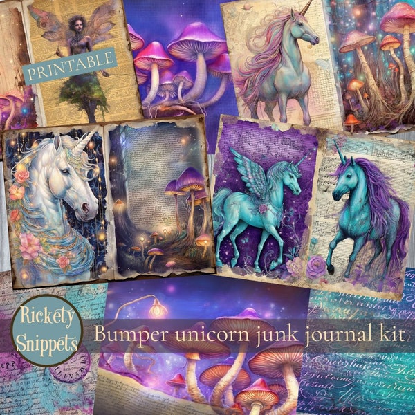 Junk journal digitals | printable unicorn set | junk journal kit | unicorn scrapbook | papers, pages, pockets, tags & fussy cuts, ephemera