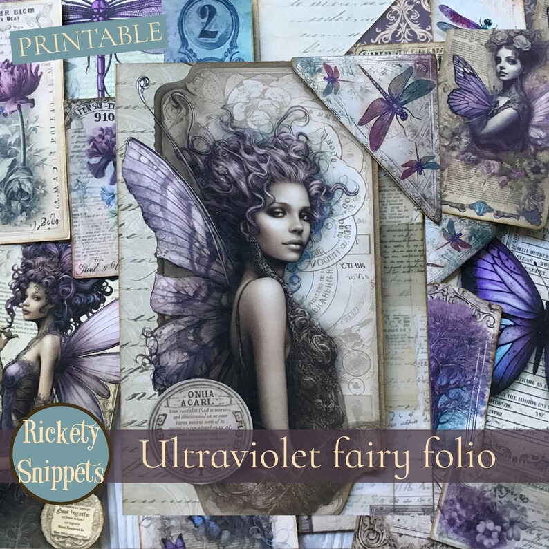 Puede incluir: Una colecci&oacute;n de ef&iacute;meras de estilo vintage con tem&aacute;tica de fantas&iacute;a. La imagen central presenta a una mujer con alas de hada moradas. El texto "Ultraviolet fairy folio" se muestra en la parte inferior. Otros elementos incluyen lib&eacute;lulas, mariposas y detalles florales.