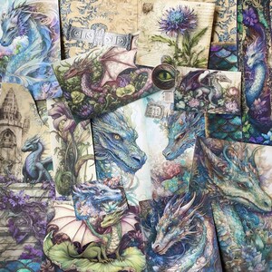 May include: A collage of colorful illustrations featuring dragons, flowers, and intricate patterns. The dragons are depicted in various poses, with scales, wings, and horns. The flowers are vibrant and detailed, with delicate petals and leaves. The patterns are intricate and whimsical, adding a touch of fantasy to the artwork.