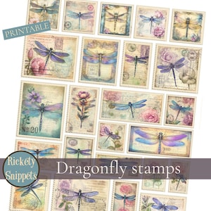Dragonfly ephemera stamps digital download, dragonfly junk journal kit, junk journal embellishments scrapbook, dragonfly stamps, faux stamps