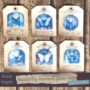 6 digital printable blue butterfly tags. Fantasy ephemera for junk journaling and scrapbooking