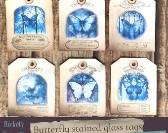 6 digital printable blue butterfly tags. Fantasy ephemera for junk journaling and scrapbooking