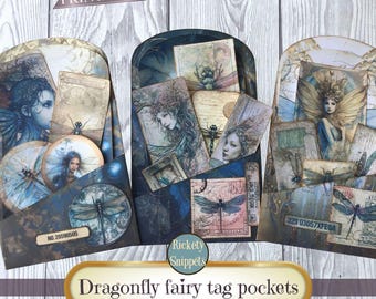 Dragonfly fairy tag pockets for junk journaling with tags labels stamps and ephemera. Grungy printable kit for scrapbooking and papercrafts