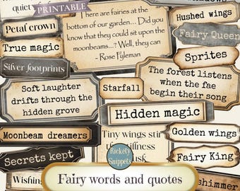 Fairy words and phrases, neutral fairy quotes, junk journal labels, word ephemera, fantasy word labels, fairies digital junk journal words