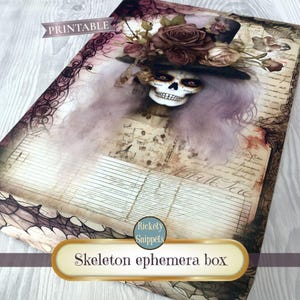 Skeleton printable box, ephemera boxes, scrapbook gothic box, paper craft gift box, Halloween box template, junk journal digital kit