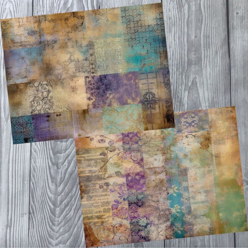 Pu&ograve; includere: Due fogli di carta digitale con un design a patchwork che presenta diverse tonalit&agrave; di marrone, blu, viola e verde. Le carte hanno un aspetto usurato e vintage con motivi e trame sbiadite.