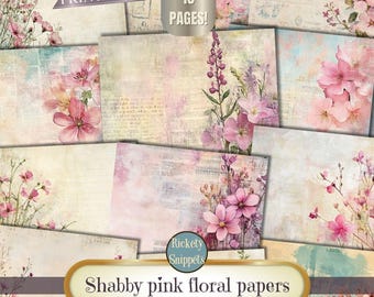 Pink flowers junk journal printables, shabby junk journal papers kit, scrapbook digital background papers cardmaking
