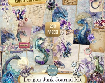 Dragon junk journal printable kit, gold edition, dragon junk journal pages, covers, papers, pockets and ephemera. With YouTube tutorials