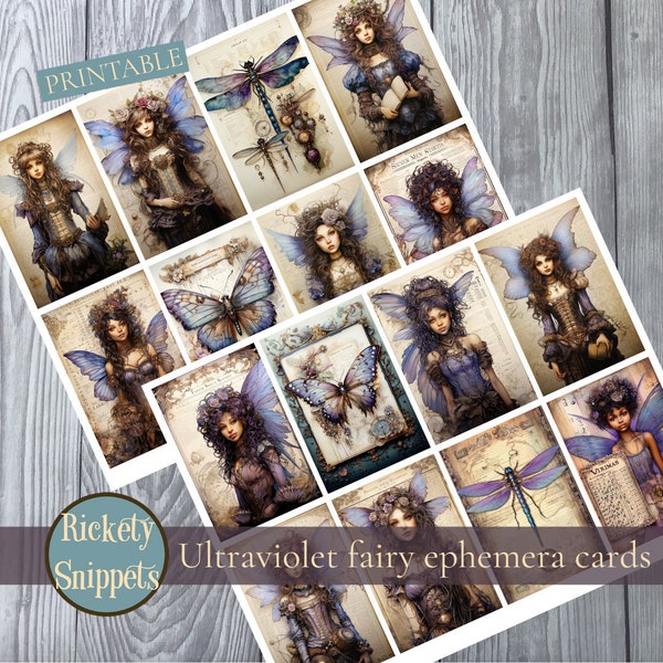 Fairy ephemera add-on | printable fantasy junk journal set | purple themed fairy tale vintage ephemera journaling cards