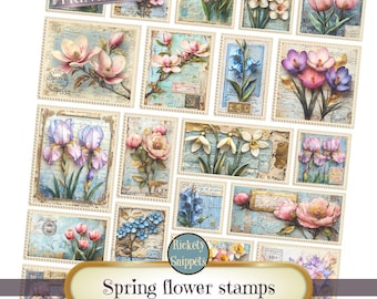 Flower stamps, Spring flowers junk journal kit, Spring ephemera digital, ephemera stamps, faux stamps, junk journal embellishments scrapbook