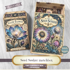 Pode incluir: Um conjunto de caixas de fósforos imprimíveis Seed Seeker com duas caixas retangulares e ilustrações botânicas. A caixa esquerda está rotulada como Glow Flower e a direita como The Seed Seeker, ambas decoradas com motivos florais azuis e roxos.
