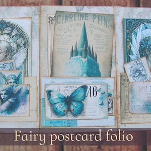 Fairy junk journal postcard folio kit stuffed with grungy ephemera perfect for scrapbooking art journals. Digital printables