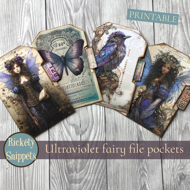 Puede incluir: Cuatro bolsillos de archivo imprimibles con ilustraciones de estilo vintage. Los bolsillos presentan im&aacute;genes de un hada, una mariposa y un p&aacute;jaro. El texto "Ultraviolet fairy file pockets" se muestra en la parte inferior de la imagen.
