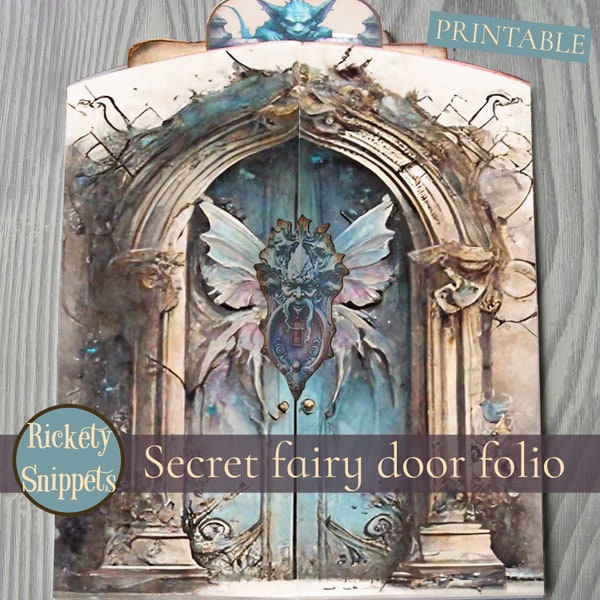 Printable fairy junk journal folio set - secret fairy door folio with shabby chic pockets and grungy fantasy ephemera inside