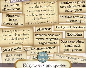 Fairy words and quotes, digital junk journal words, ephemera words for junk journal, fairy junk journal printables, fantasy word labels