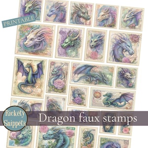 Printable stamps, dragon scrapbooking embellishments, dragon ephemera junk journal printables, fantasy scrapbook embellishments, faux stamps