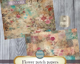 printable junk journal papers | shabby flower patch collage papers in blues & pinks| grungy collage sheets | digital download for scrapbooks