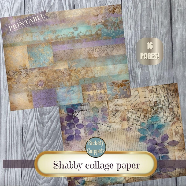 printable junk journal papers | shabby collage papers in purples, blues & neutrals | grungy collage sheets | digital download for scrapbooks immagine 1
