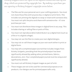 Pu&ograve; includere: Un documento che descrive i diritti d'autore e i termini di servizio per i file digitali venduti da Rickety Snippets. Il documento afferma che i file sono solo per uso personale e non possono essere condivisi, distribuiti o rivenduti. Inoltre, vieta l'uso dei file per creare nuovi progetti digitali o per essere venduti come parte di un kit. Il documento si conclude con una dichiarazione secondo cui le violazioni potrebbero comportare azioni legali.