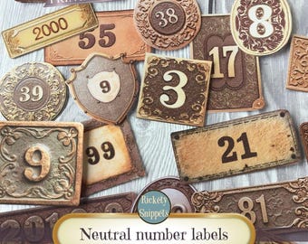junk journal labels, vintage numbers, digital vintage labels, vintage ephemera, vintage scrapbook labels for journaling, printable numbers