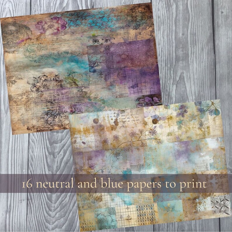 Pu&ograve; includere: Un set di 16 carte digitali con una tavolozza di colori neutri e blu. Le carte hanno un aspetto vintage e usurato con motivi floreali sbiaditi, testo scritto a mano e forme geometriche.