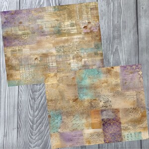 Pu&ograve; includere: Due fogli di carta digitale con un aspetto vintage e usurato. I fogli presentano un patchwork di carta sbiadita e testurizzata con testo scritto a mano, motivi a griglia e disegni floreali in tonalit&agrave; beige, marrone, turchese, viola e oro.