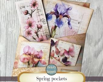 Spring pockets for junk journal, Spring flowers junk journal kit, cherry blossom junk journal pockets printable, junk journal printables