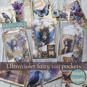 Puede incluir: Una colecci&oacute;n de bolsillos de etiquetas de hadas Ultravioleta imprimibles y ef&iacute;meras. Los dise&ntilde;os presentan hadas, mariposas y elementos florales en tonos morados, azules y sepia. El texto "PRINTABLE" y "Ultraviolet fairy tag pockets" son visibles.