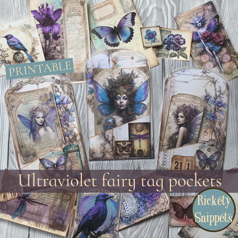 Puede incluir: Una colecci&oacute;n de bolsillos de etiquetas de hadas Ultravioleta imprimibles y ef&iacute;meras. Los dise&ntilde;os presentan hadas, mariposas y elementos florales en tonos morados, azules y sepia. El texto "PRINTABLE" y "Ultraviolet fairy tag pockets" son visibles.