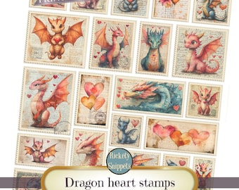 Dragons junk journal printables, dragon scrapbooking embellishments, printable stamps, printable stamp ephemera, faux stamps, dragon stamps