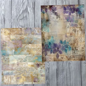 Pu&ograve; includere: Due design di carta digitale con un collage di texture vintage, motivi floreali sbiaditi e lavaggi ad acquerello in tonalit&agrave; di blu, viola e oro.