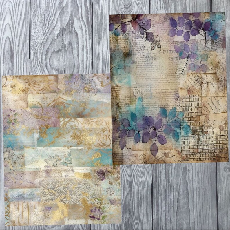 Pu&ograve; includere: Due design di carta digitale con un collage di texture vintage, motivi floreali sbiaditi e lavaggi ad acquerello in tonalit&agrave; di blu, viola e oro.
